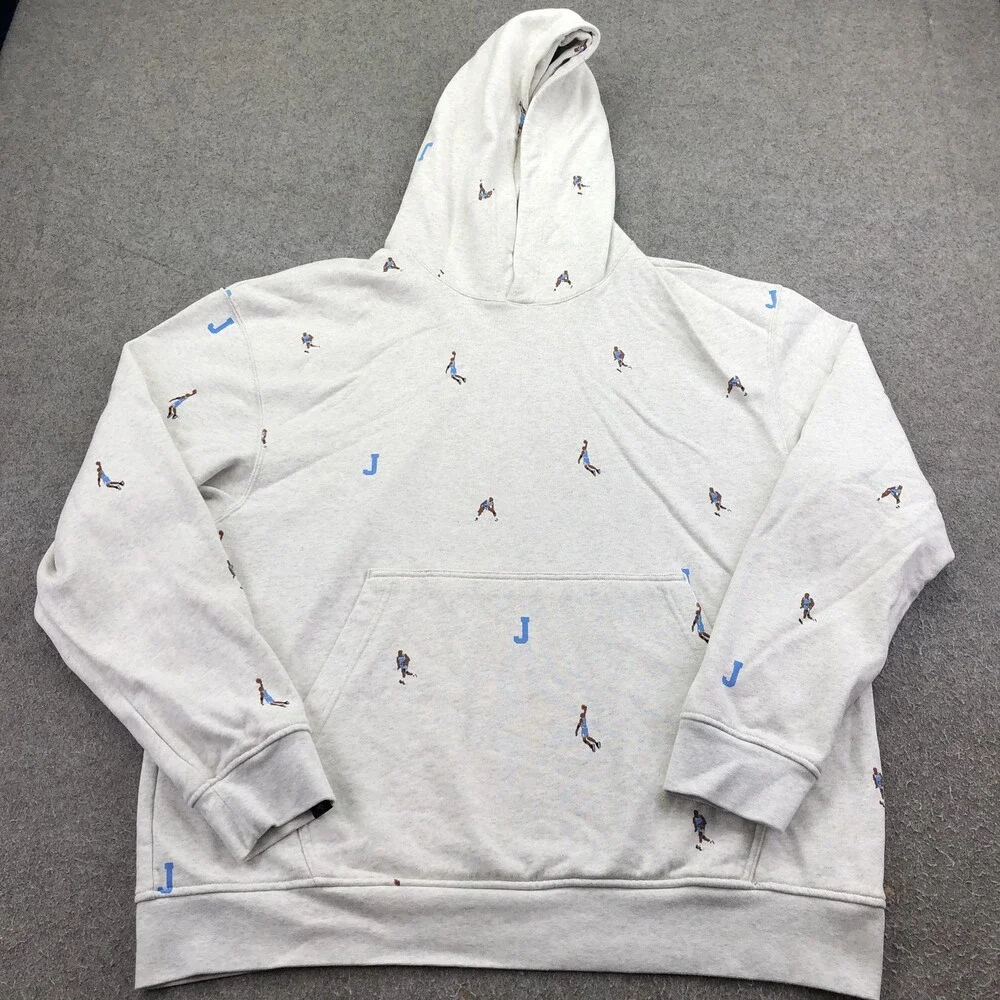 Jordan Hoodie Mens XL Gray Pullover Fleece Sweatshirt Allover J Player Print